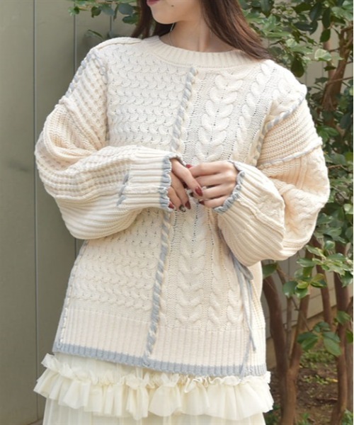 axes femme(アクシーズファム)の「バイカラーステッチニットプルオーバー(ニット/セーター・レディース・グレー/キナリ/モカ・FREE)」の2枚目の写真