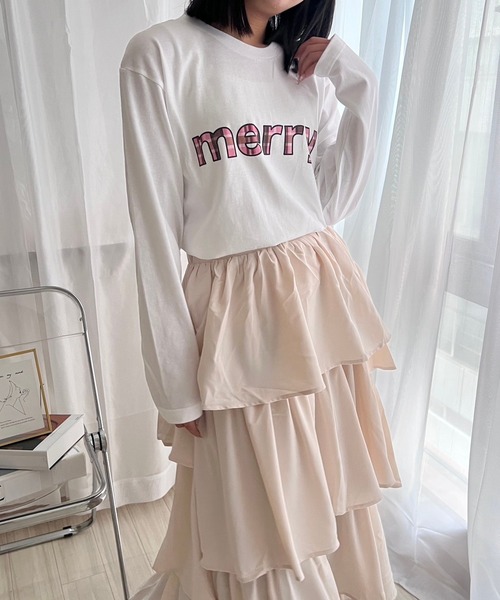 merrylatte(メリーラテ)の「merryチェック柄ロゴロンT/長袖Tシャツ(Tシャツ/カットソー・レディース・ホワイト・MEDIUM)」の1枚目の写真
