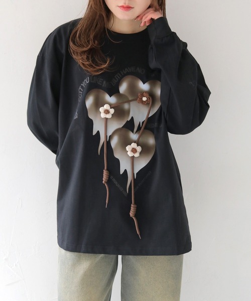 HER CLOSET(ハークローゼット)の「【shemoshelly】メルティングハート オーバーサイズロンT(Tシャツ/カットソー・レディース・ブラック/ホワイト・FREE)」の1枚目の写真