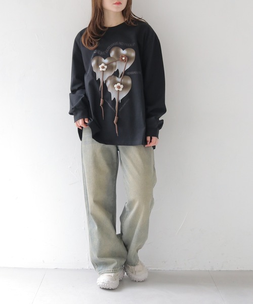 HER CLOSET(ハークローゼット)の「【shemoshelly】メルティングハート オーバーサイズロンT(Tシャツ/カットソー・レディース・ブラック/ホワイト・FREE)」の16枚目の写真
