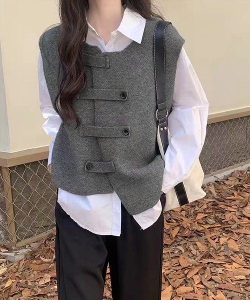 Miniministore(ミニミニストア)の「ニットベスト前開きノースリーブトップス冬(ベスト・レディース・アイボリー/ブラック/グレー・FREE)」の1枚目の写真