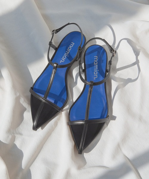 MAMIAN(マミアン)の「ポインテッドトゥ Tストラップ フラットサンダル(サンダル・レディース・ライム/シルバー/ブラック・L/LL/M/S)」の1枚目の写真