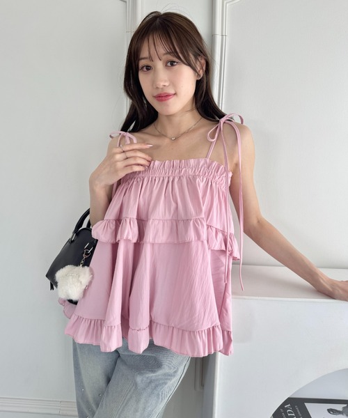 イッセミヤケ　ピンクパープル フリル付きキャミソール イッセミヤケ ピンクパープル フリル付きキャミソール セール】2WAY