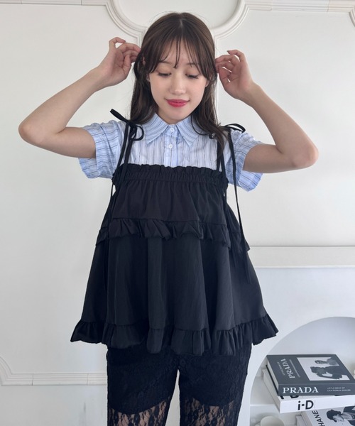 新品未使用タグ付き collab パッドinフリル 2wayキャミソール キャミソール チュール ビスチェ 2WAY フリル クロップド丈 リボン