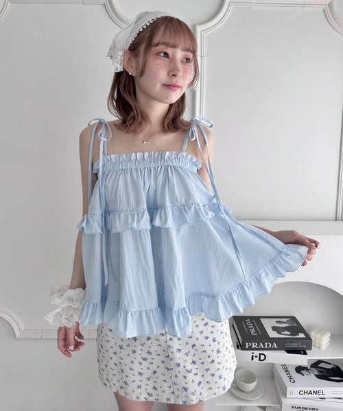 水色フリルスカートに白ペチコート付、キャミソールブラウスのセットです❣ 水色フリルスカートに白ペチコート付、キャミソールブラウスのセットです❣