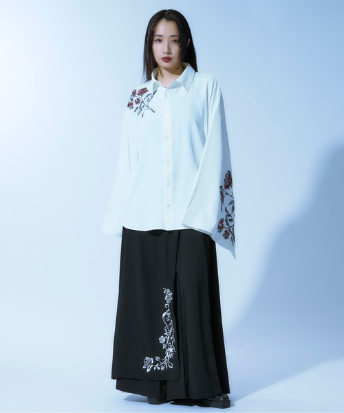 leur logette ドロストスリーブ フラワー刺繍ブラウス ホワイト 1 和スリーブフラワー刺繍シャツ（シャツ/ブラウス）｜Ellno Loset