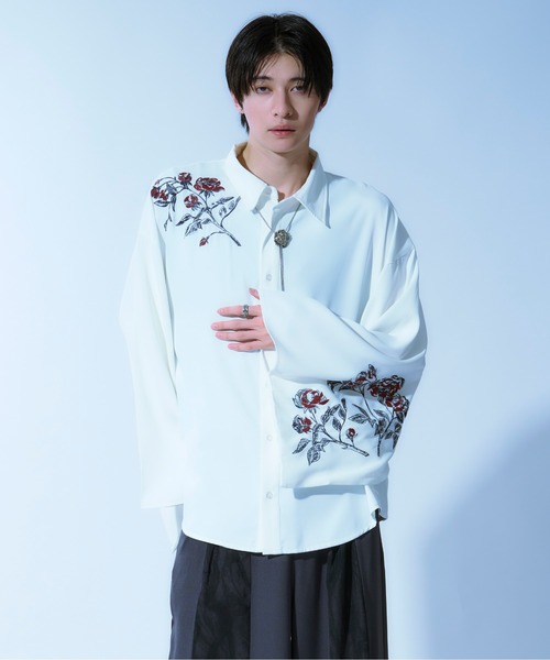 amok シャツ ブラウス フラワー 立体刺繍【L】メンズ 日本製 和スリーブフラワー刺繍シャツ（シャツ/ブラウス）｜Ellno Loset