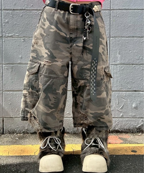 ダメージ デニムパンツ クラッシュ カモフラージュ ミリタリー XU】camouflage damage half pants / 【エックスユー