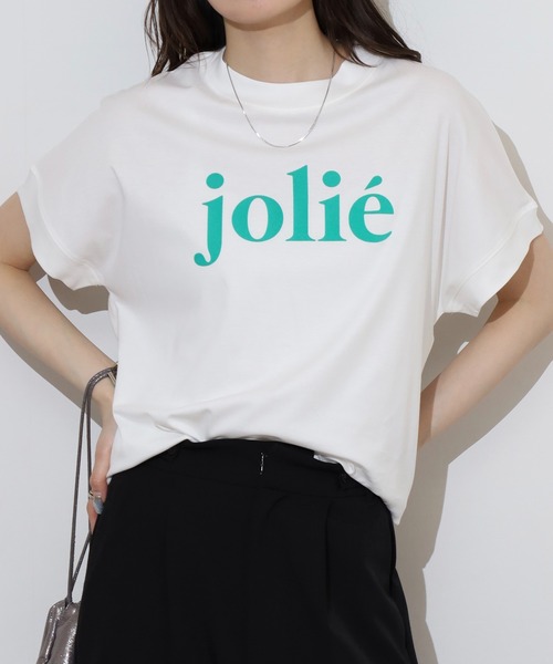 EGLANTINE(エグランティーヌ)の「EGLANTINE jolieロゴプリント半袖Tシャツ【日本製】(Tシャツ/カットソー・レディース・ブラック/オフホワイト/オレンジ/グリーン/シルバーグレー・40)」の1枚目の写真