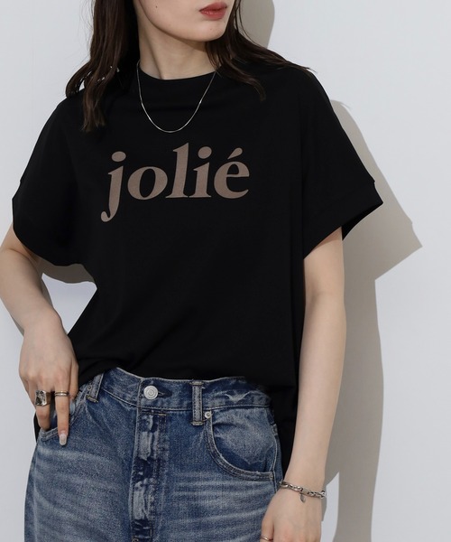 EGLANTINE(エグランティーヌ)の「EGLANTINE jolieロゴプリント半袖Tシャツ【日本製】(Tシャツ/カットソー・レディース・ブラック/オフホワイト/オレンジ/グリーン/シルバーグレー・40)」の2枚目の写真