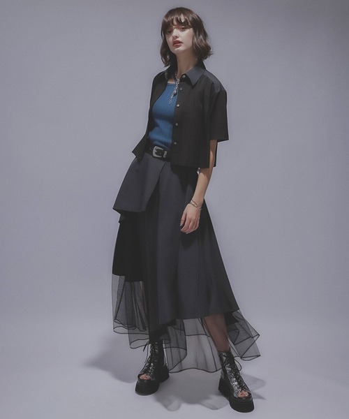 HARE(ハレ)の「ハイショクプリーツショートシャツ(HARE)(シャツ/ブラウス・レディース・ブラック/グリーン・FREE)」の4枚目の写真