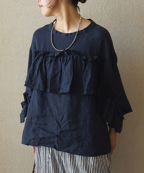 journal standard luxeフレンチリネン フリルパフブラウス 紺 追加》フレンチリネン フリルパフブラウス（シャツ／ブラウス
