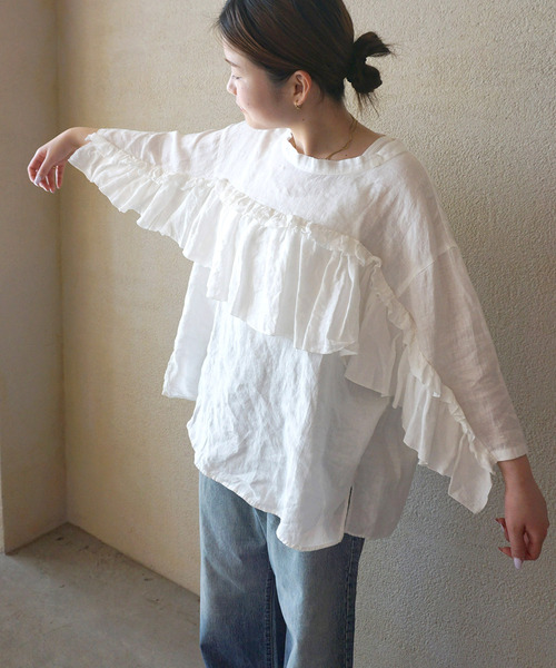 JOURNAL STANDARD LUXE(ジャーナルスタンダード ラックス)の「フレンチリネンキャンバス フリルプルブラウス(シャツ/ブラウス・レディース・ネイビー/ホワイト/ブラック・FREE)」の3枚目の写真