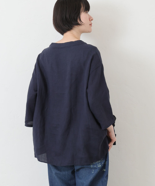 FRAMeWORK フレンチリネンフリルプルオーバー ブラック フレンチリネンキャンバス フリルプルブラウス（シャツ/ブラウス