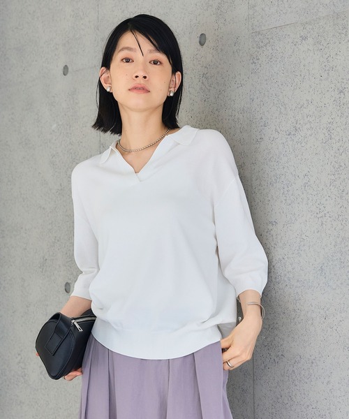 CROSS FUNCTION(クロスファンクション)の「《UV/洗える》サマ美え スキッパーニットプルオーバー【CROSS FUNCTION/クロスファンクション】(ニット/セーター・レディース・レッド/チャコールグレー/オフホワイト・LL/M/L)」の2枚目の写真
