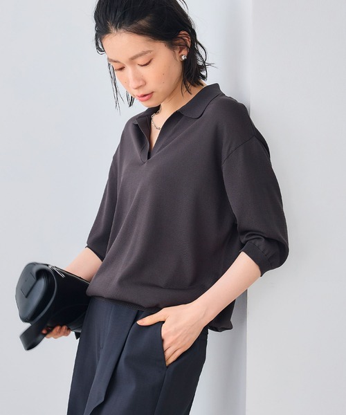 CROSS FUNCTION(クロスファンクション)の「《UV/洗える》サマ美え スキッパーニットプルオーバー【CROSS FUNCTION/クロスファンクション】(ニット/セーター・レディース・レッド/チャコールグレー/オフホワイト・LL/M/L)」の1枚目の写真