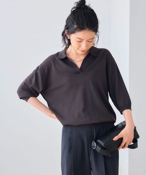 CROSS FUNCTION(クロスファンクション)の「《UV/洗える》サマ美え スキッパーニットプルオーバー【CROSS FUNCTION/クロスファンクション】(ニット/セーター・レディース・レッド/チャコールグレー/オフホワイト・LL/M/L)」の5枚目の写真