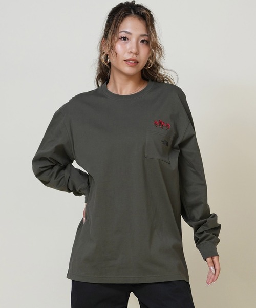THE NORTH FACE(ザノースフェイス)の「THE NORTH FACE/ザ・ノース・フェイス ポケットロンT 花刺繍 ワンポイントロゴ NT82535(Tシャツ/カットソー・レディース・オリーブ/ブラック/オフホワイト・S/M)」の17枚目の写真