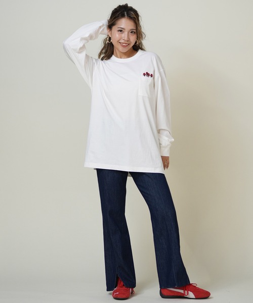 THE NORTH FACE(ザノースフェイス)の「THE NORTH FACE/ザ・ノース・フェイス ポケットロンT 花刺繍 ワンポイントロゴ NT82535(Tシャツ/カットソー・レディース・オリーブ/ブラック/オフホワイト・S/M)」の8枚目の写真