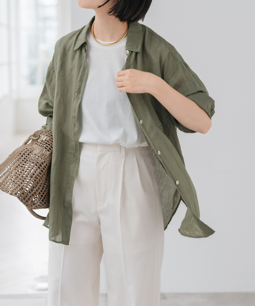 Spick & Span（スピックアンドスパン）の「ガーメントダイシアーラミーシャツ（シャツ/ブラウス・レディース・チャコールグレー/カーキ/ベージュ/ブルー系その他・FREE）」の5枚目の写真