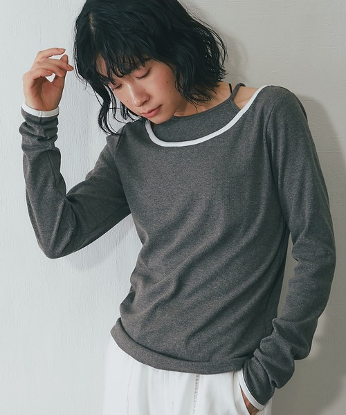 レイヤード風オープンショルダー長袖トップス（Tシャツ