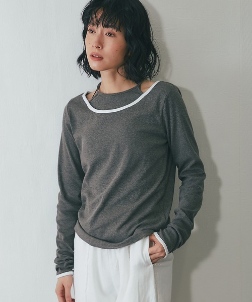 レイヤード風オープンショルダー長袖トップス（Tシャツ