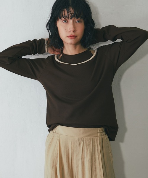 レイヤード風オープンショルダー長袖トップス（Tシャツ