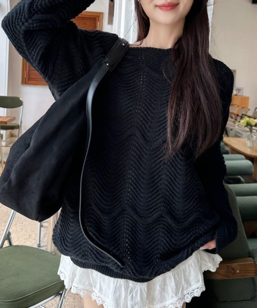 Ada.(エイダ)の「透かし編み ボートネック オーバーサイズ チュニックニット(ニット/セーター・レディース・ブラック/アイボリー/ブラウン・FREE)」の20枚目の写真