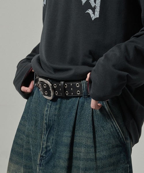 Alfred Alex(アルフレッドアレックス)の「【Alfred Alex】ビッグバックルダブルピンスタッズアイレットベルト(ベルト・メンズ・ブラック/ブラック系・FREE)」の9枚目の写真