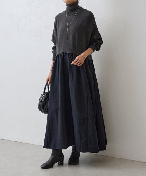 新品タグ付き　BEARDSLEY ニットコンビギャザーワンピース ブラック ニットコンビギャザーワンピース（ワンピース）｜BEARDSLEY