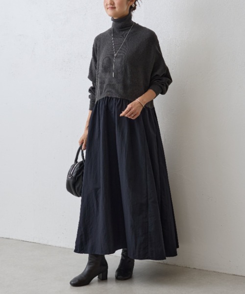 極美品 ビアズリー ニットコンビギャザーワンピース グレー ブラック マキシ 1 ビアズリー BEARDSLEY ニットコンビギャザーワンピース （gray