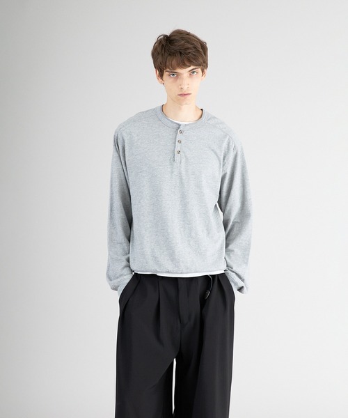 セール】button design henryneck longsleeve T-shirt/ボタンデザイン