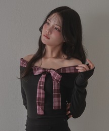 M DOLLY（エムドリー）の「check bella ribbon tops   チェックベッラリボントップス（Tシャツ/カットソー）」