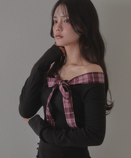 M DOLLY（エムドリー）の「check bella ribbon tops / チェックベッラリボントップス（Tシャツ/カットソー・レディース・ベージュ/ブラック・FREE）」の3枚目の写真