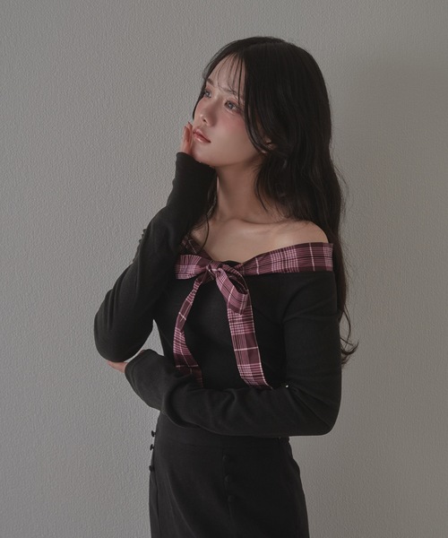 M DOLLY（エムドリー）の「check bella ribbon tops / チェックベッラリボントップス（Tシャツ/カットソー・レディース・ベージュ/ブラック・FREE）」の4枚目の写真