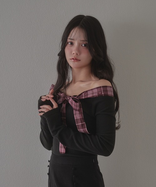 M DOLLY（エムドリー）の「check bella ribbon tops / チェックベッラリボントップス（Tシャツ/カットソー・レディース・ベージュ/ブラック・FREE）」の5枚目の写真