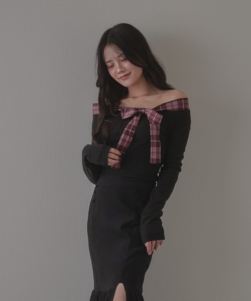 check bella ribbon tops / チェックベッラリボントップス（Tシャツ