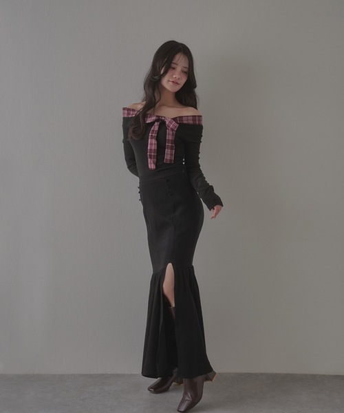 M DOLLY（エムドリー）の「check bella ribbon tops / チェックベッラリボントップス（Tシャツ/カットソー・レディース・ベージュ/ブラック・FREE）」の8枚目の写真