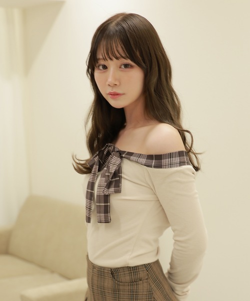 M DOLLY（エムドリー）の「check bella ribbon tops / チェックベッラリボントップス（Tシャツ/カットソー・レディース・ベージュ/ブラック・FREE）」の11枚目の写真