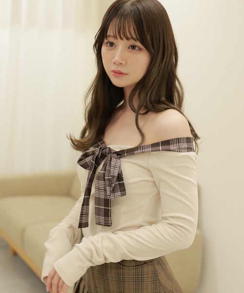 M DOLLY（エムドリー）の「check bella ribbon tops / チェックベッラリボントップス（Tシャツ/カットソー・レディース・ベージュ/ブラック・FREE）」の12枚目の写真