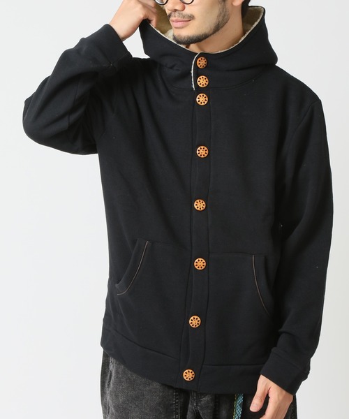 セール】裏起毛 レトロ ボリュームネックパーカー ウッドボタン