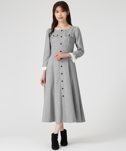 MISCH MASCH（ミッシュマッシュ）の「フロント釦ツイード風フレアワンピース（ワンピース・レディース・ライトグレー/ネイビー・M/S）」の5枚目の写真