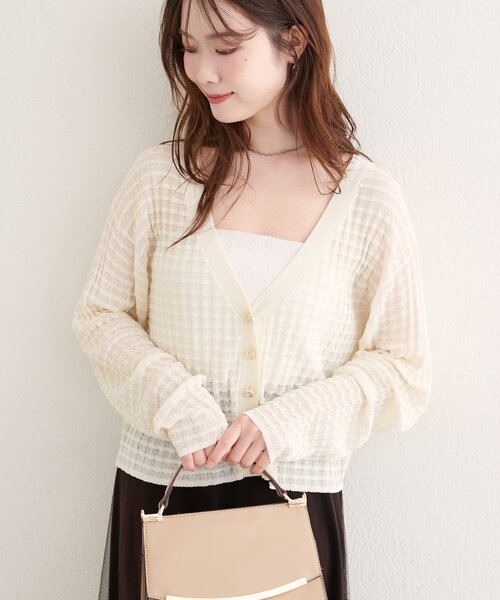 natural couture（ナチュラルクチュール）の「【WEB限定】チェック編みカーデ（カーディガン/ボレロ・レディース・ブラック/アイボリー/ピンク/モカ/ブルー・FREE）」の2枚目の写真