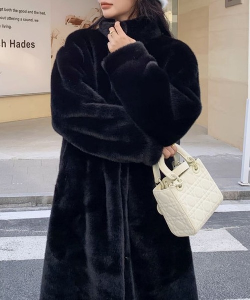 ファー付き黒ロングコート レザーコート レディース ロング コート ファー 袖 フォックス 毛皮