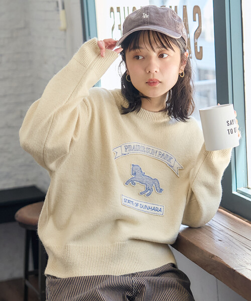 セール】アニマルワッペン刺繍 ニットプルオーバー(ニット/セーター セール】アニマルワッペン刺繍 ニットプルオーバー(ニット/セーター