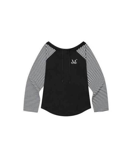 MUCENT(ムセント)の「オリエ オフショルダー ストライプ 配色 ナグラン 長袖Tシャツ (2カラー)(Tシャツ/カットソー・レディース・ブラック/グリーン・FREE)」の1枚目の写真