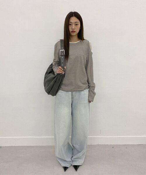 MILLO WOMEN（ミロウーマン）の「カットアウトストライプTシャツ[カーキ]（Tシャツ/カットソー・レディース・その他・FREE）」の7枚目の写真