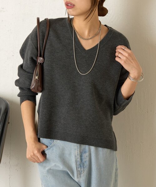 Jena espace merveilleux（ジェナ　エスパスメルヴェイユ）の「WフェイスVニット（ニット/セーター・レディース・チャコールグレー/アイボリー/ライトグレー・FREE）」の3枚目の写真