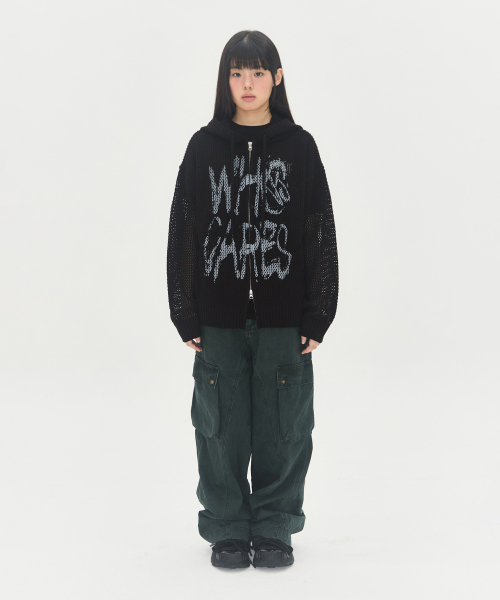 フーケールズメッシュニットジップアップフードパーカー[ブラック