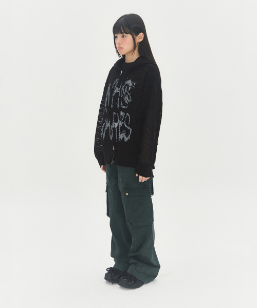 フーケールズメッシュニットジップアップフードパーカー[ブラック